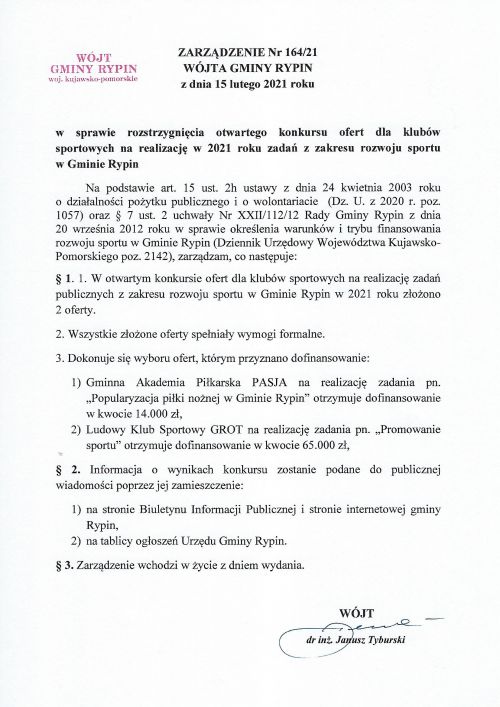 Zarządzenie - rozstrzygnięcie konkursu