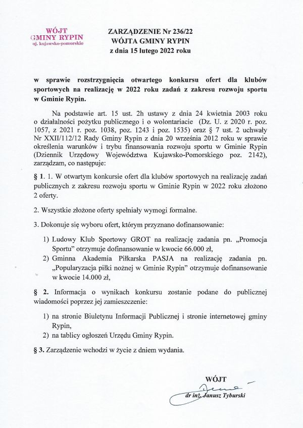 Zarządzienie w sprawie rozstrzygnięcia konkursu