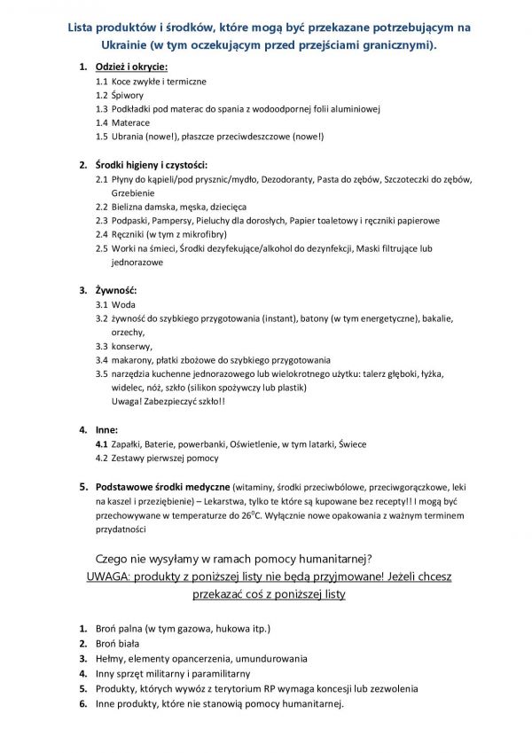 Lista potrzeb humanitarnych - Ukraina